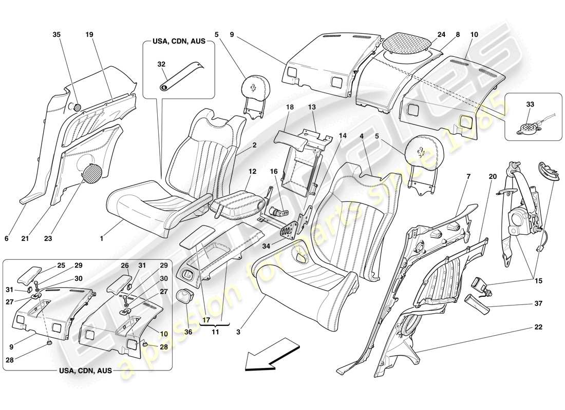 ferrari 612 scaglietti (rhd) rear seat - seat belts parts diagram