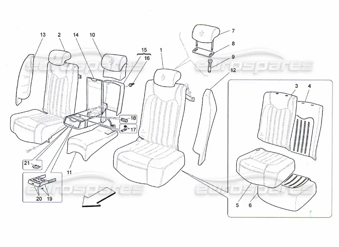 maserati qtp. (2010) 4.7 rear seats: trim panels parts diagram