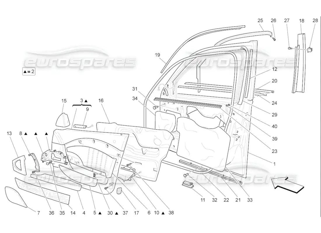 maserati qtp. (2007) 4.2 f1 front doors: trim panels parts diagram