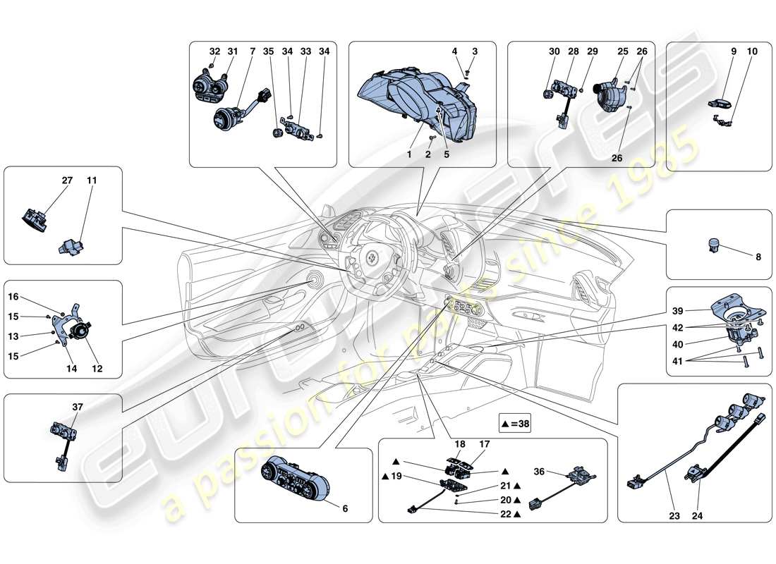 ferrari 488 spider (usa) dashboard and tunnel instruments part diagram