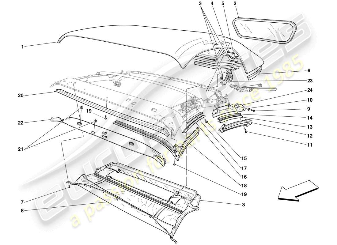 ferrari f430 spider (europe) roof canvas - seals - mouldings part diagram