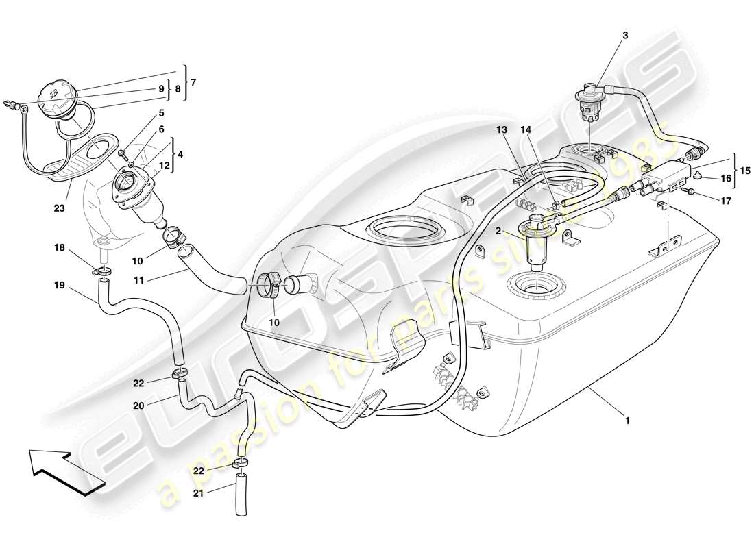 ferrari 599 gtb fiorano (rhd) fuel tank - filler neck and pipes part diagram