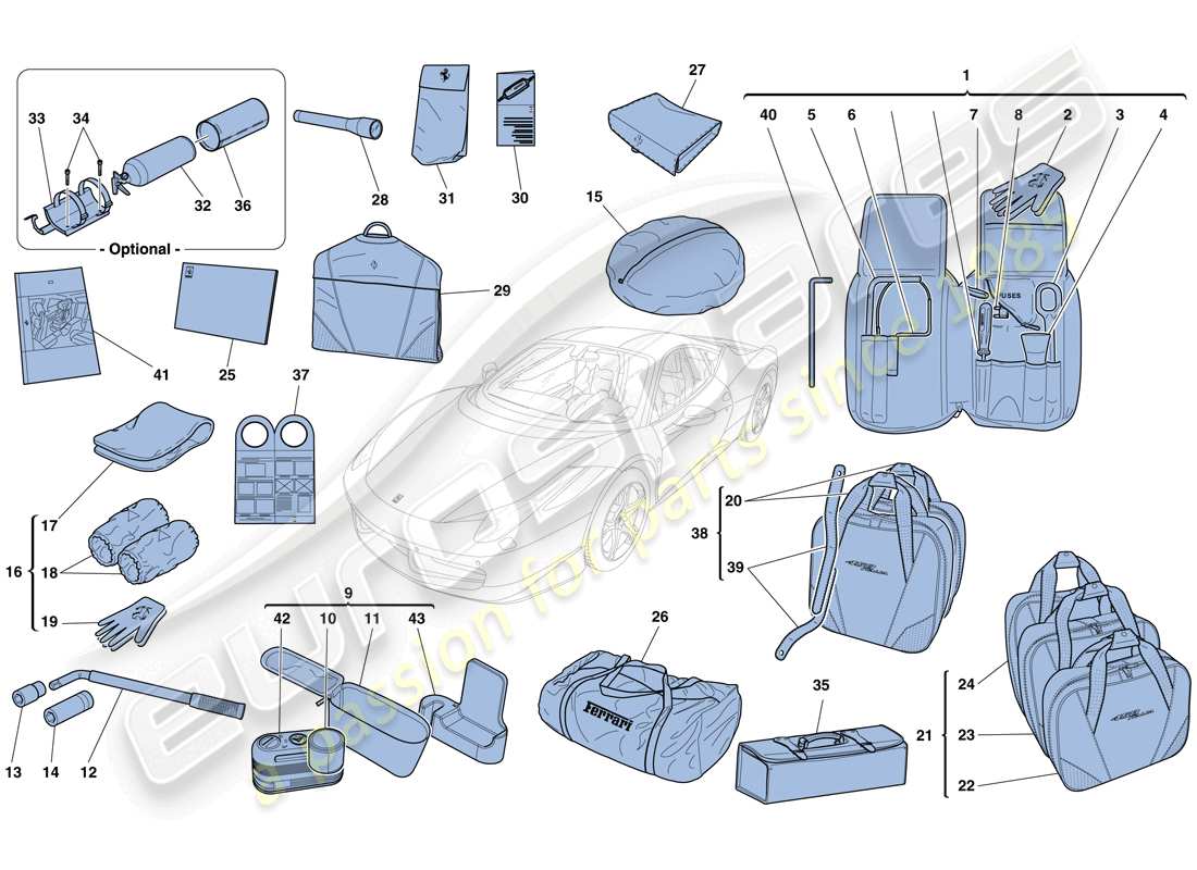 ferrari 458 italia (rhd) tools and accessories provided with vehicle part diagram