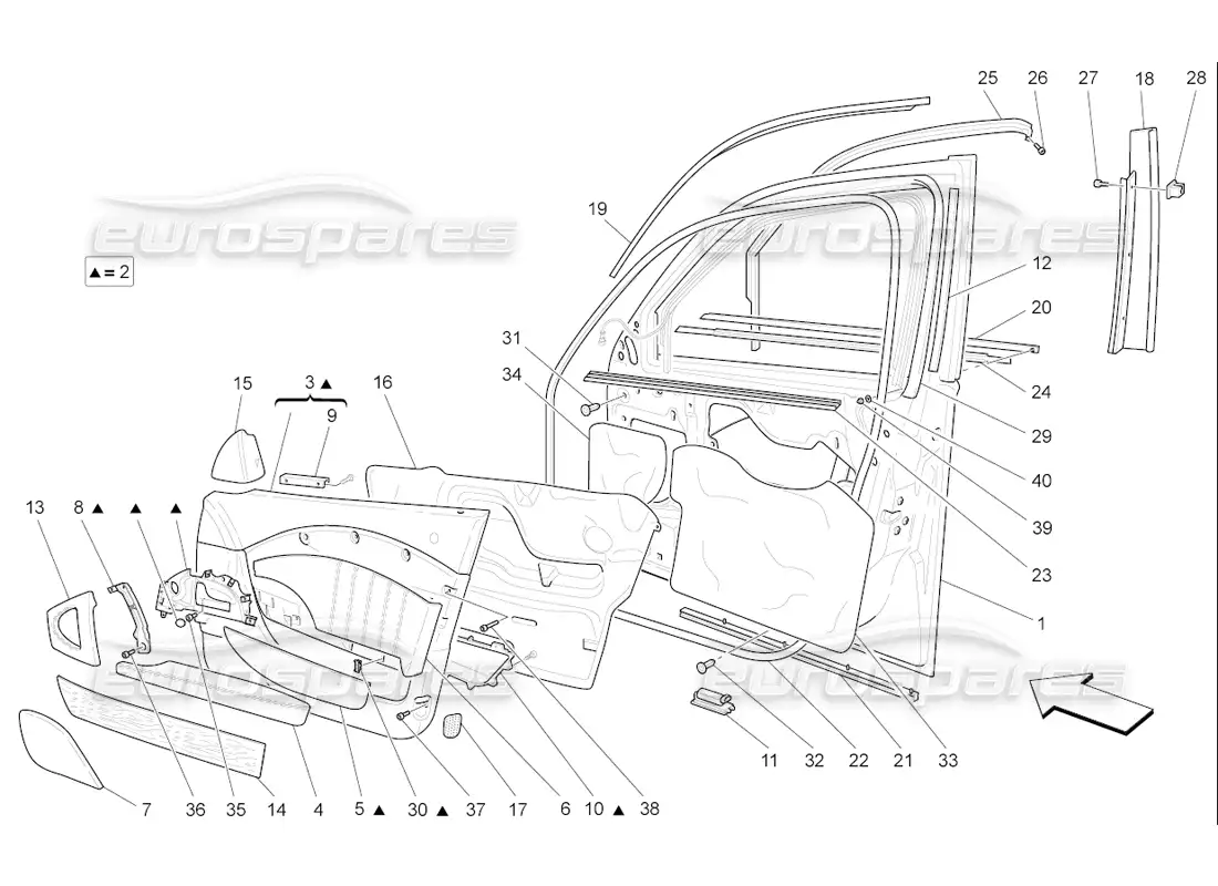maserati qtp. (2006) 4.2 f1 front doors: trim panels parts diagram