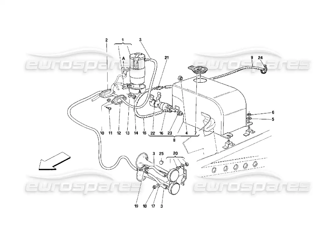 ferrari 348 (2.7 motronic) glass washer and horns parts diagram