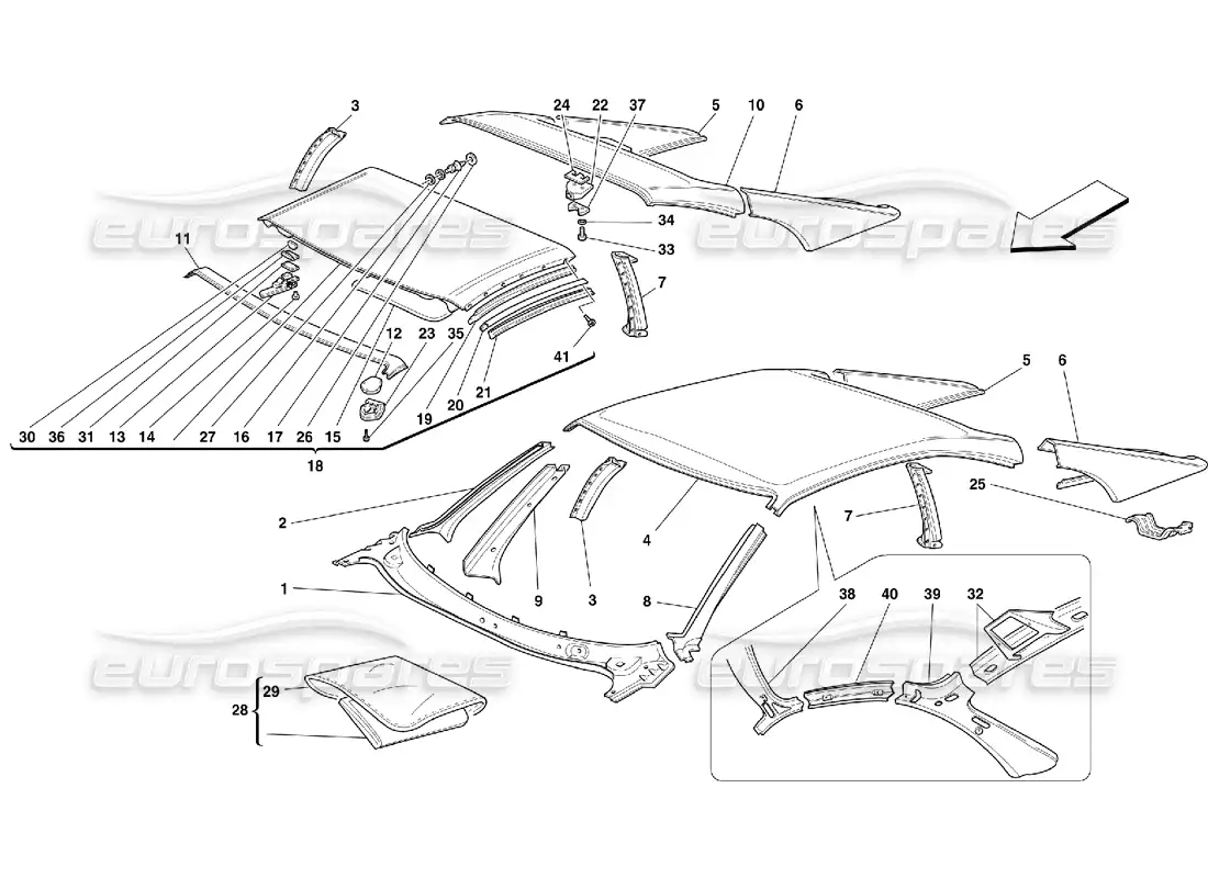 ferrari 355 (5.2 motronic) roof - outer trims parts diagram