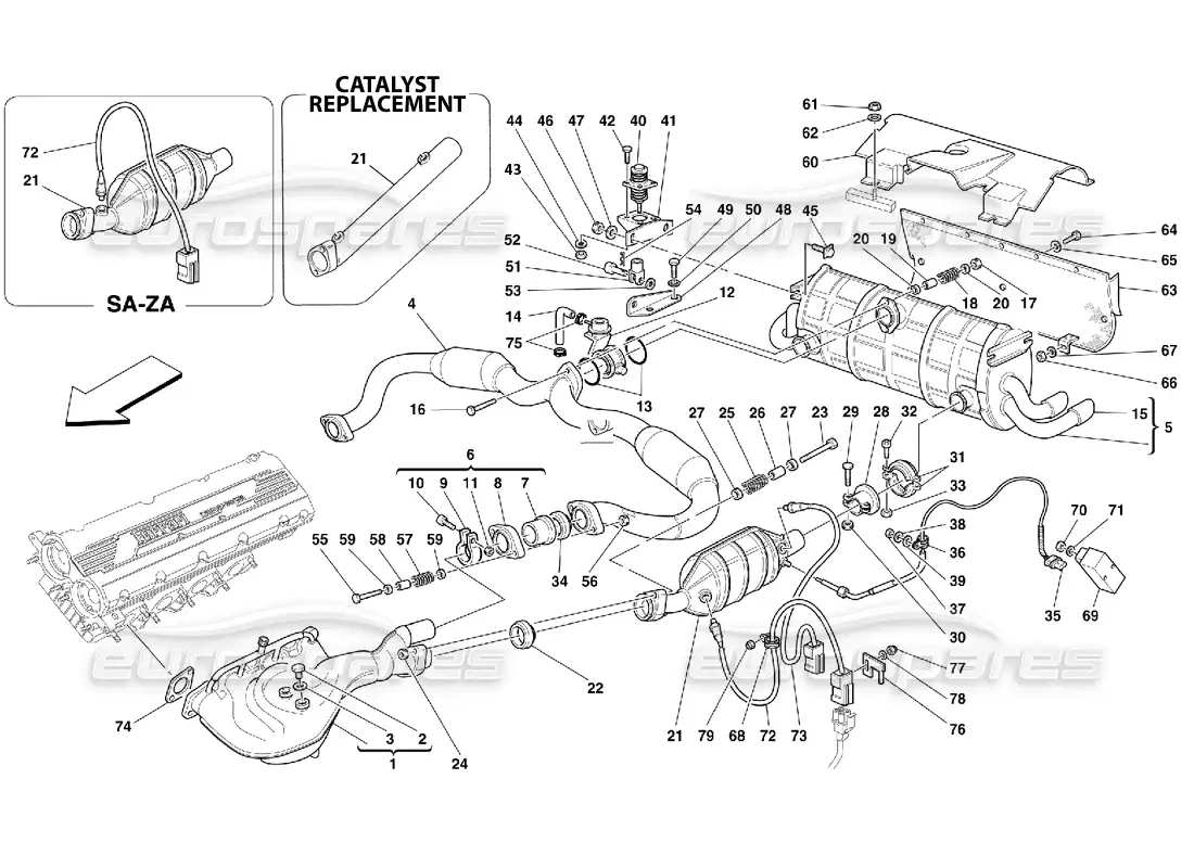 ferrari 355 (5.2 motronic) exhaust system parts diagram