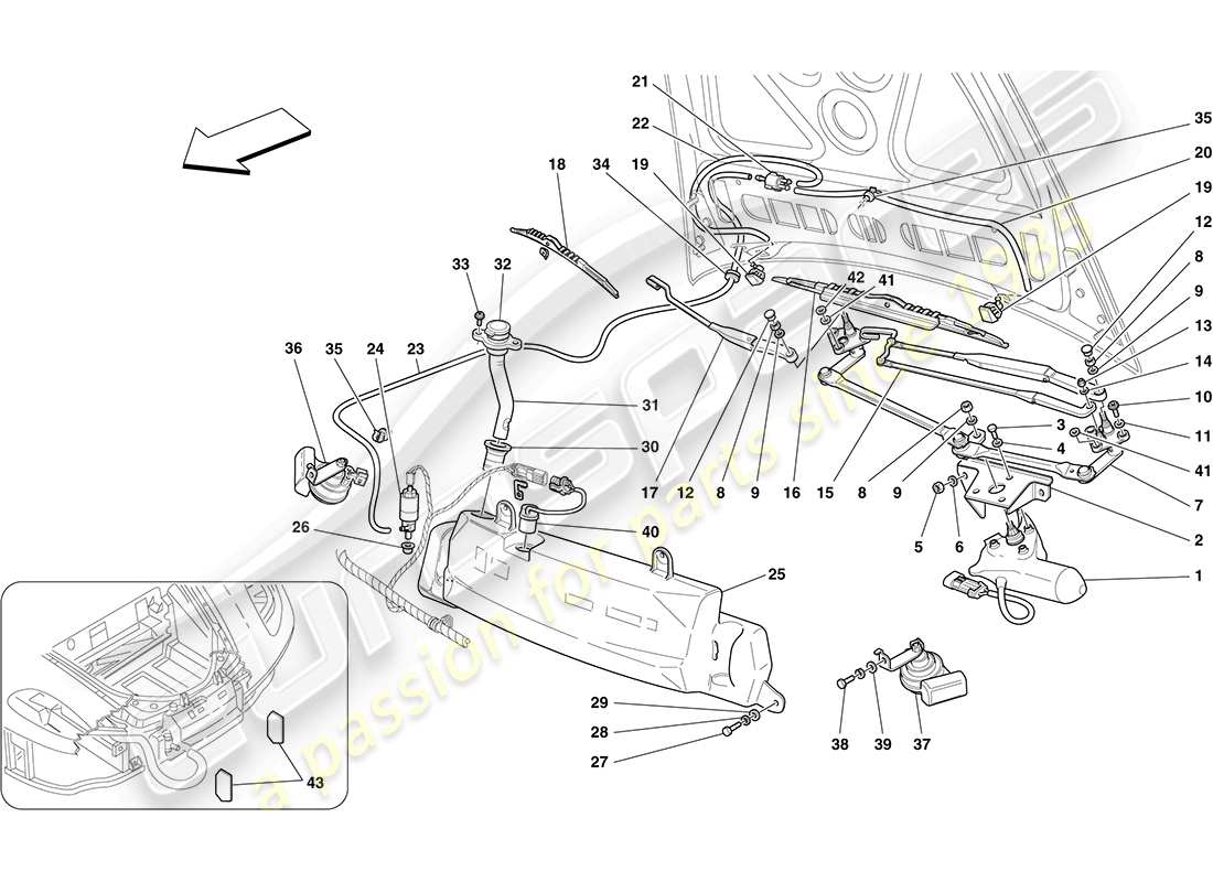 ferrari f430 coupe (rhd) windscreen wiper, windscreen washer and horns part diagram