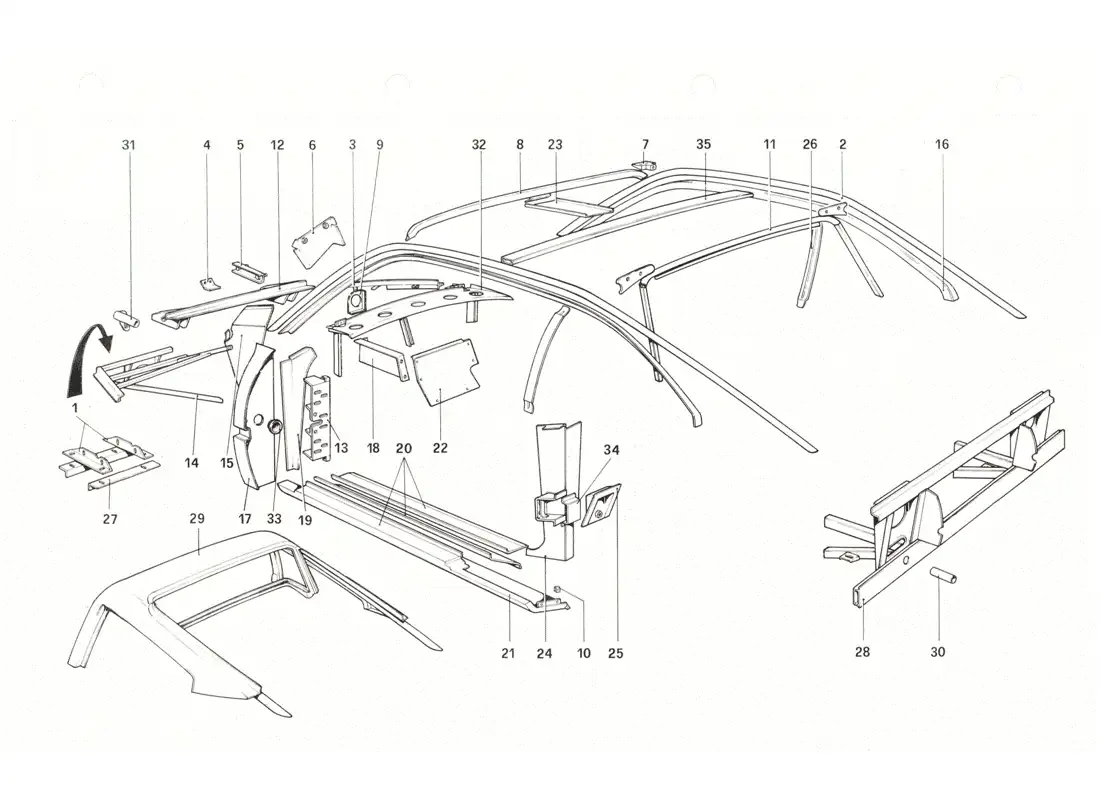 ferrari 208 gtb gts body shell - inner elements parts diagram