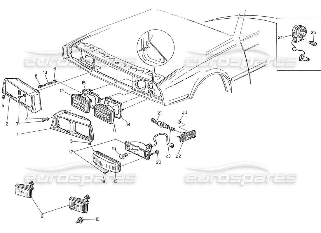 maserati 222 / 222e biturbo front lights (usa) part diagram