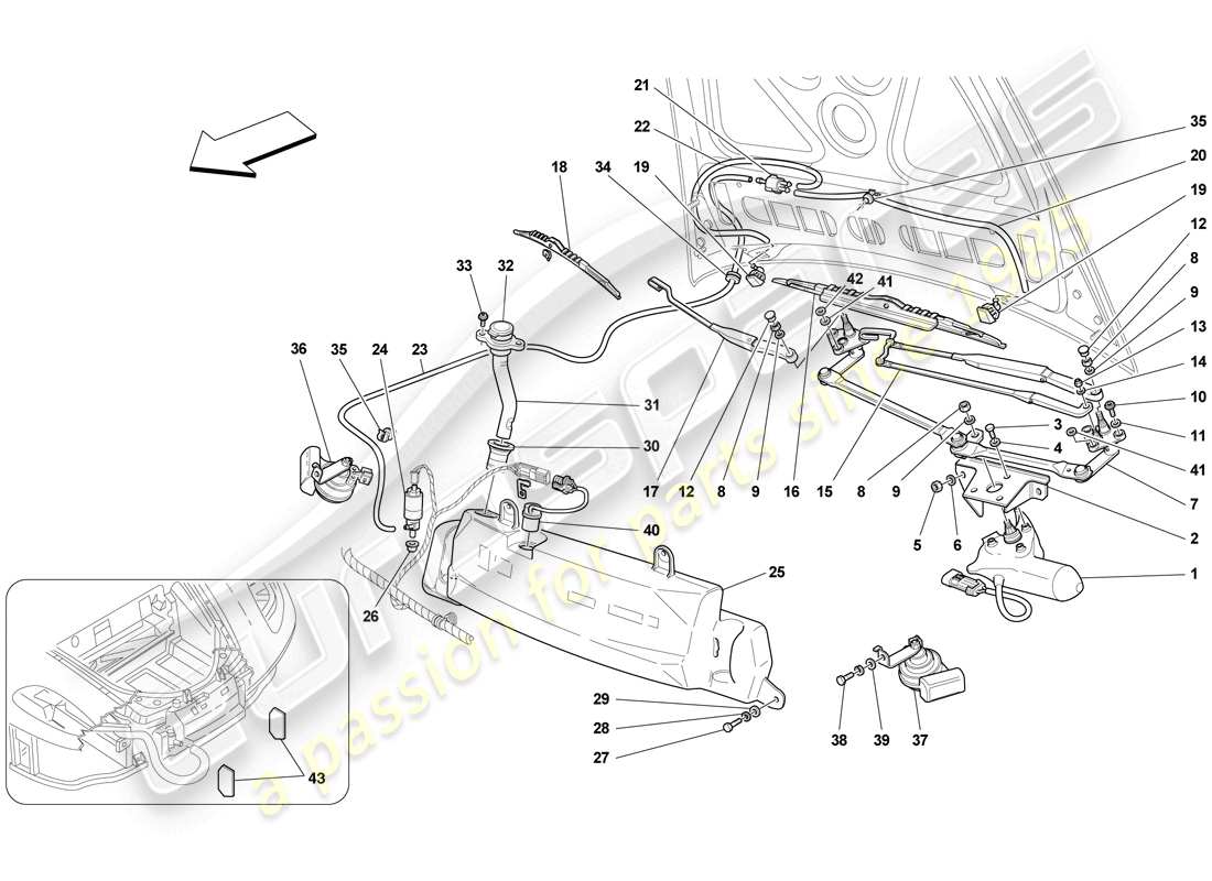ferrari f430 scuderia spider 16m (rhd) windscreen wiper, windscreen washer and horns parts diagram