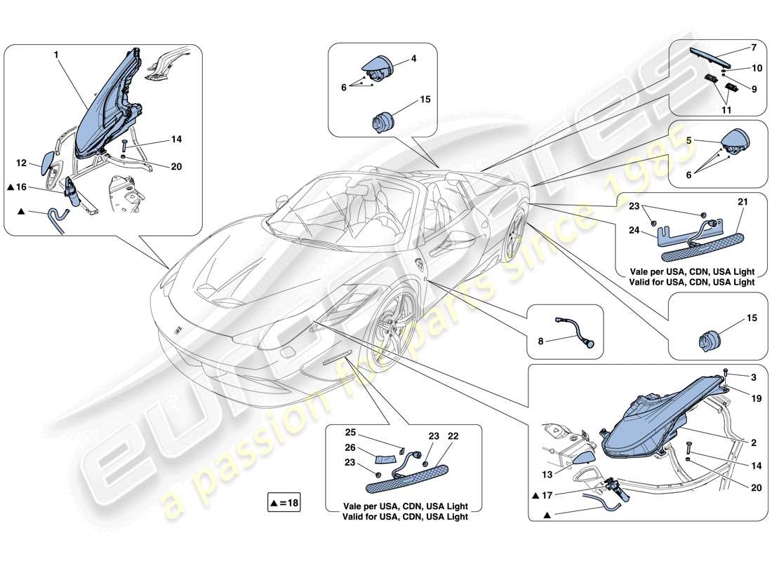 ferrari 458 speciale aperta (usa) headlights and taillights part diagram