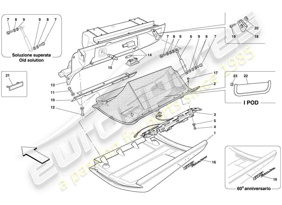 ferrari 612 scaglietti (usa) glove compartment parts diagram