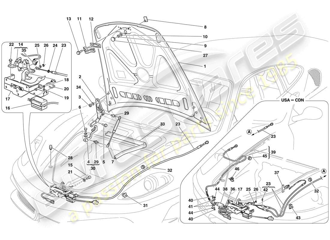 ferrari f430 scuderia spider 16m (europe) front lid and opening mechanism part diagram