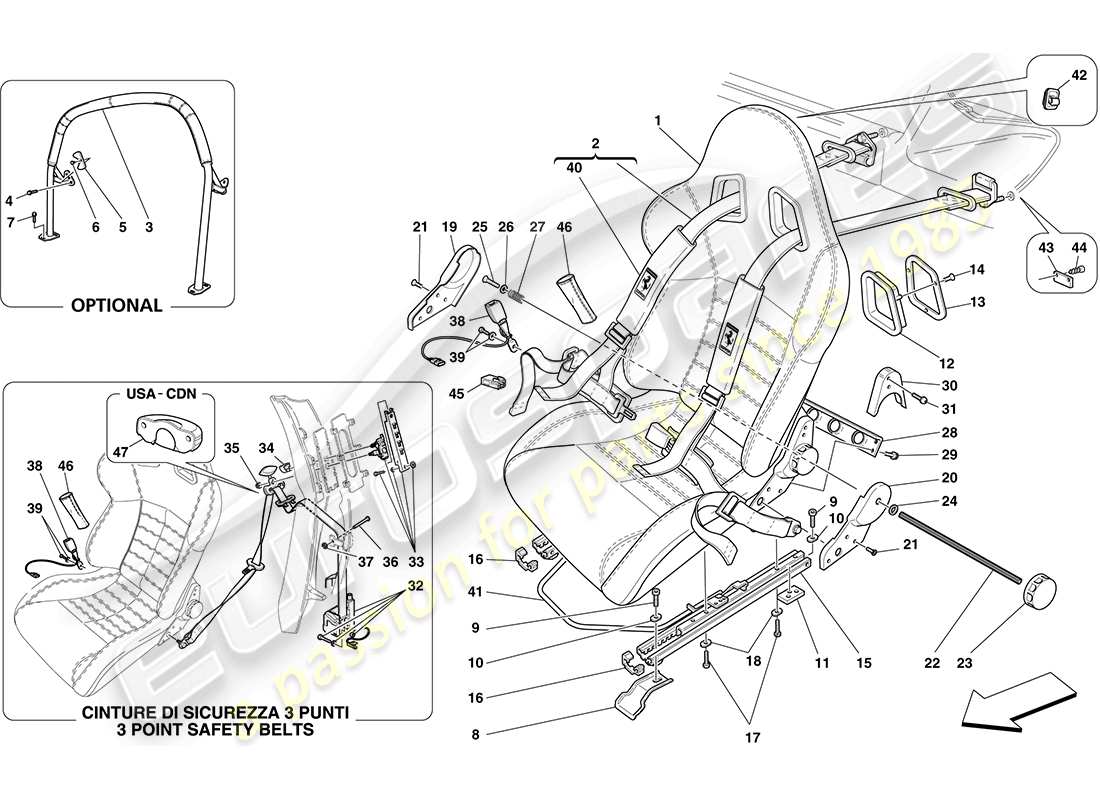 ferrari f430 coupe (rhd) racing seat-4 point seat harness-rollbar parts diagram