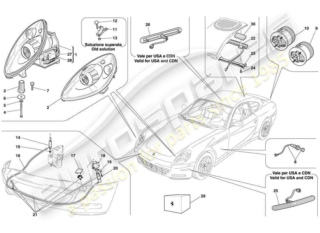 ferrari 612 scaglietti (rhd) headlights and taillights parts diagram