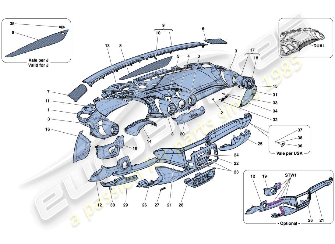 ferrari california t (usa) dashboard - trim parts diagram