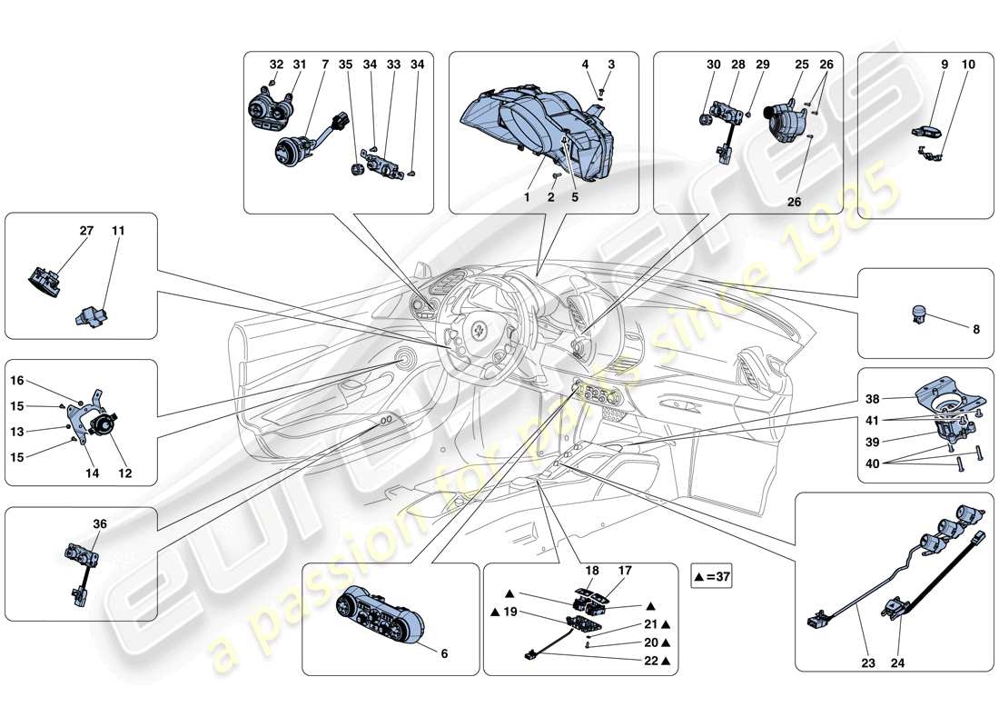 ferrari 488 gtb (europe) dashboard and tunnel instruments parts diagram