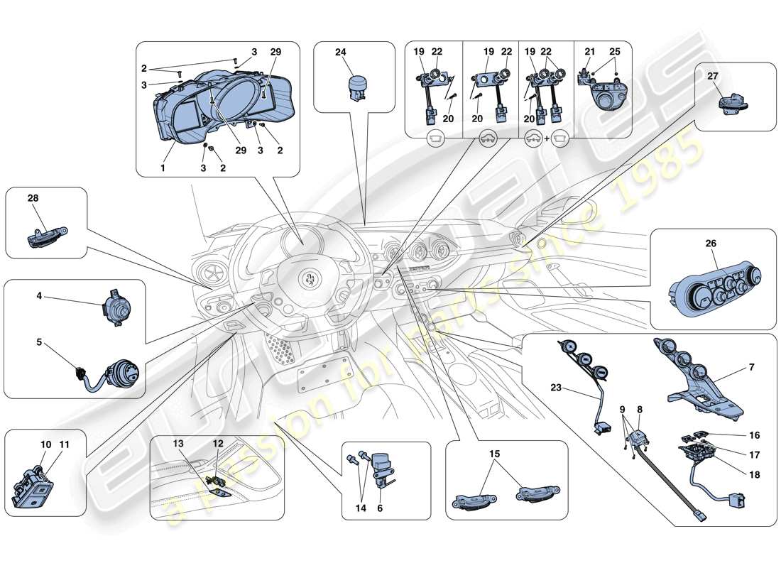 ferrari f12 tdf (rhd) dashboard and tunnel instruments parts diagram