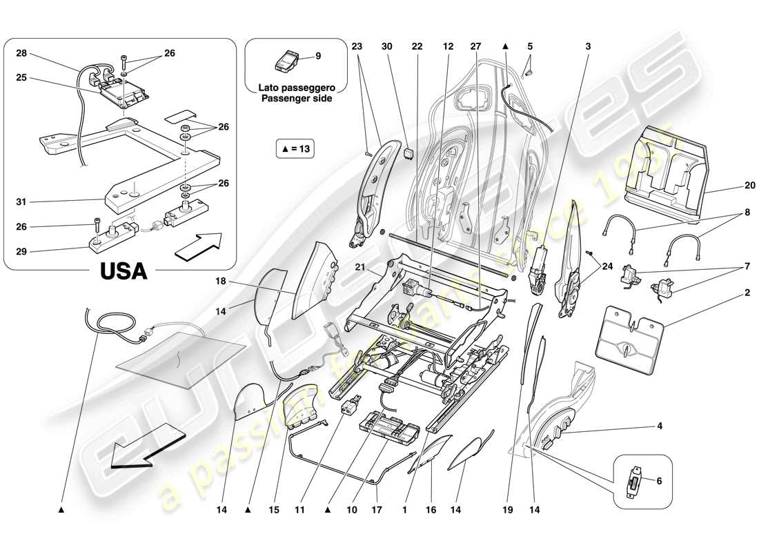 ferrari 599 gtb fiorano (rhd) front seat - guides and adjustment mechanisms part diagram