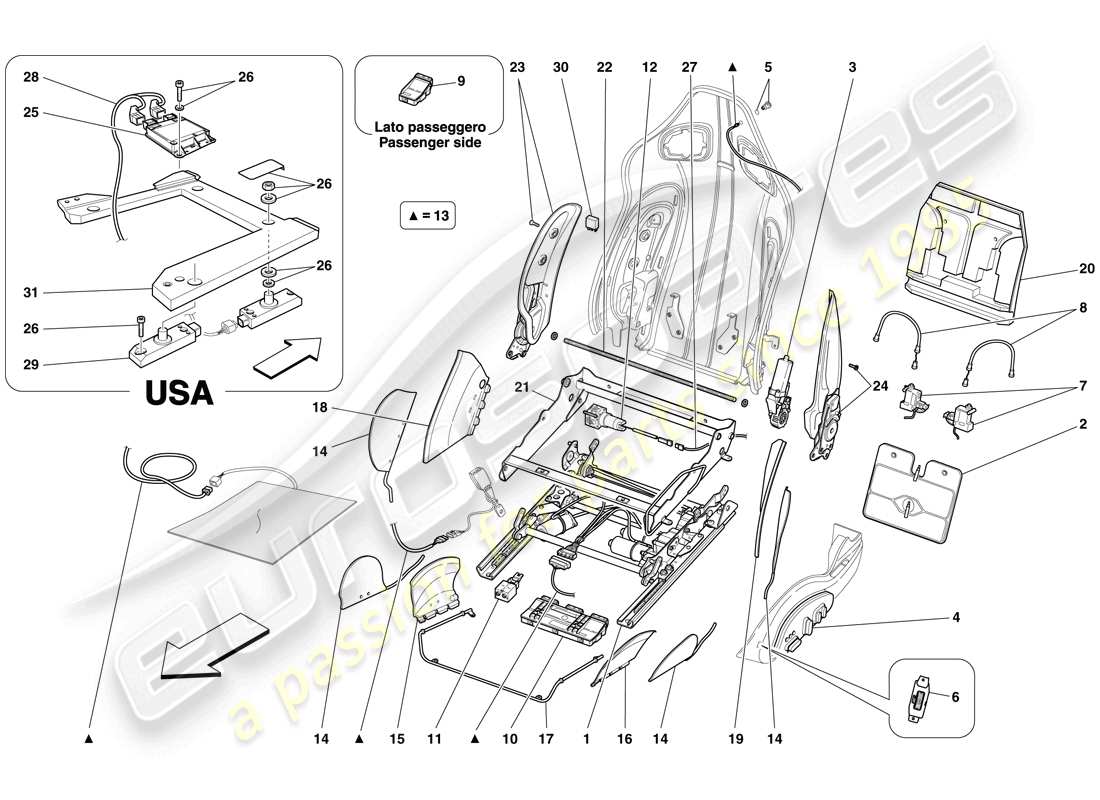 ferrari 599 gtb fiorano (europe) front seat - guides and adjustment mechanisms part diagram