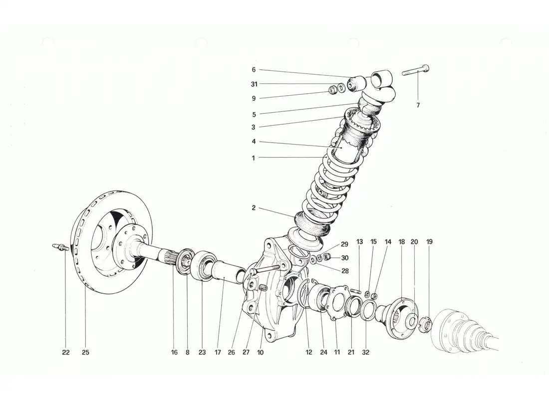 ferrari 208 gtb gts rear suspension - shock absorber and brake disc parts diagram