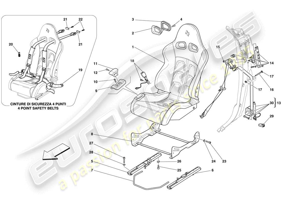 ferrari 599 gtb fiorano (rhd) front racing seat - rails and mechanism part diagram
