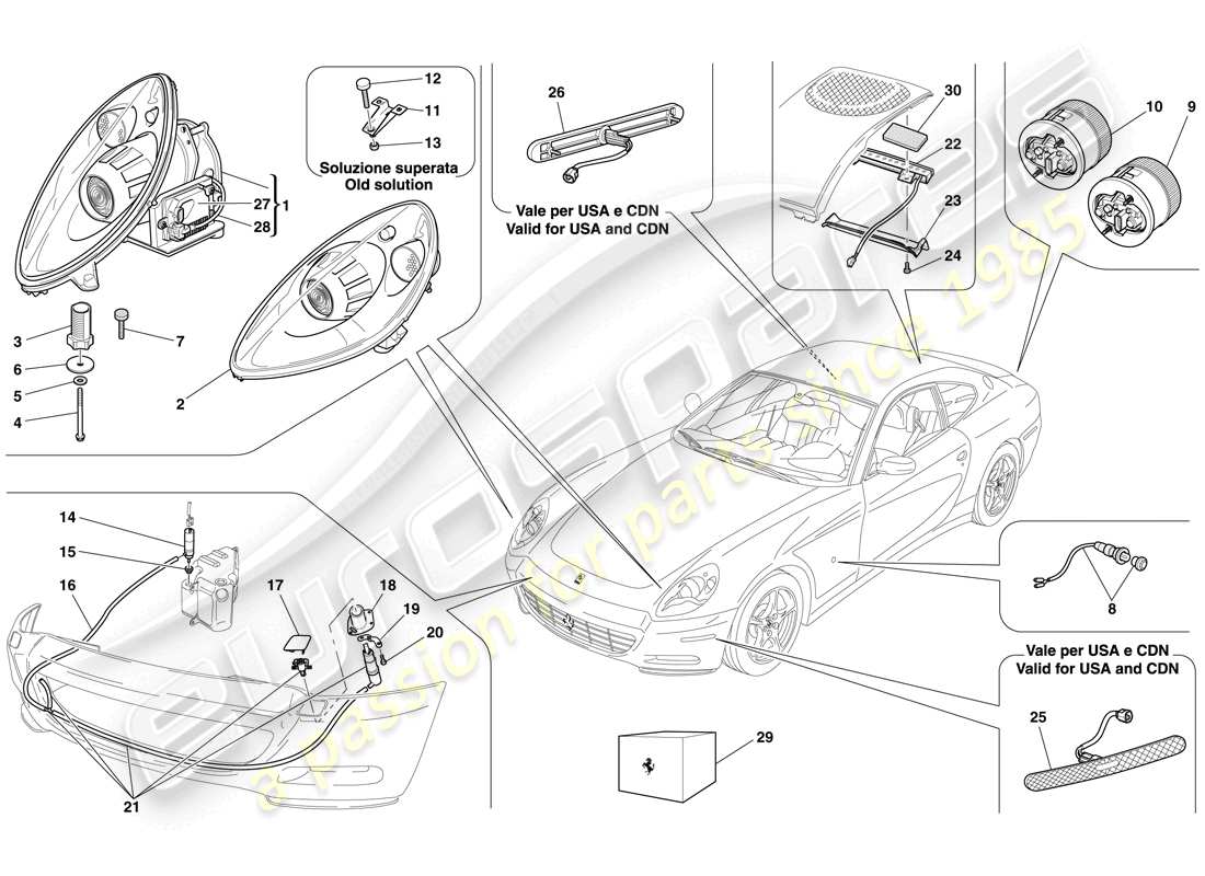 ferrari 612 scaglietti (europe) headlights and taillights parts diagram