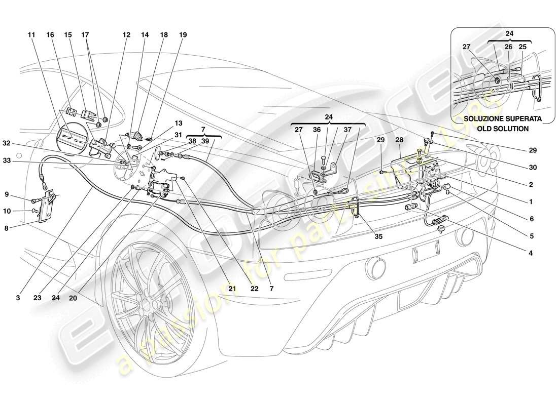 ferrari f430 scuderia spider 16m (rhd) engine compartment lid and fuel filler flap opening mechanisms parts diagram