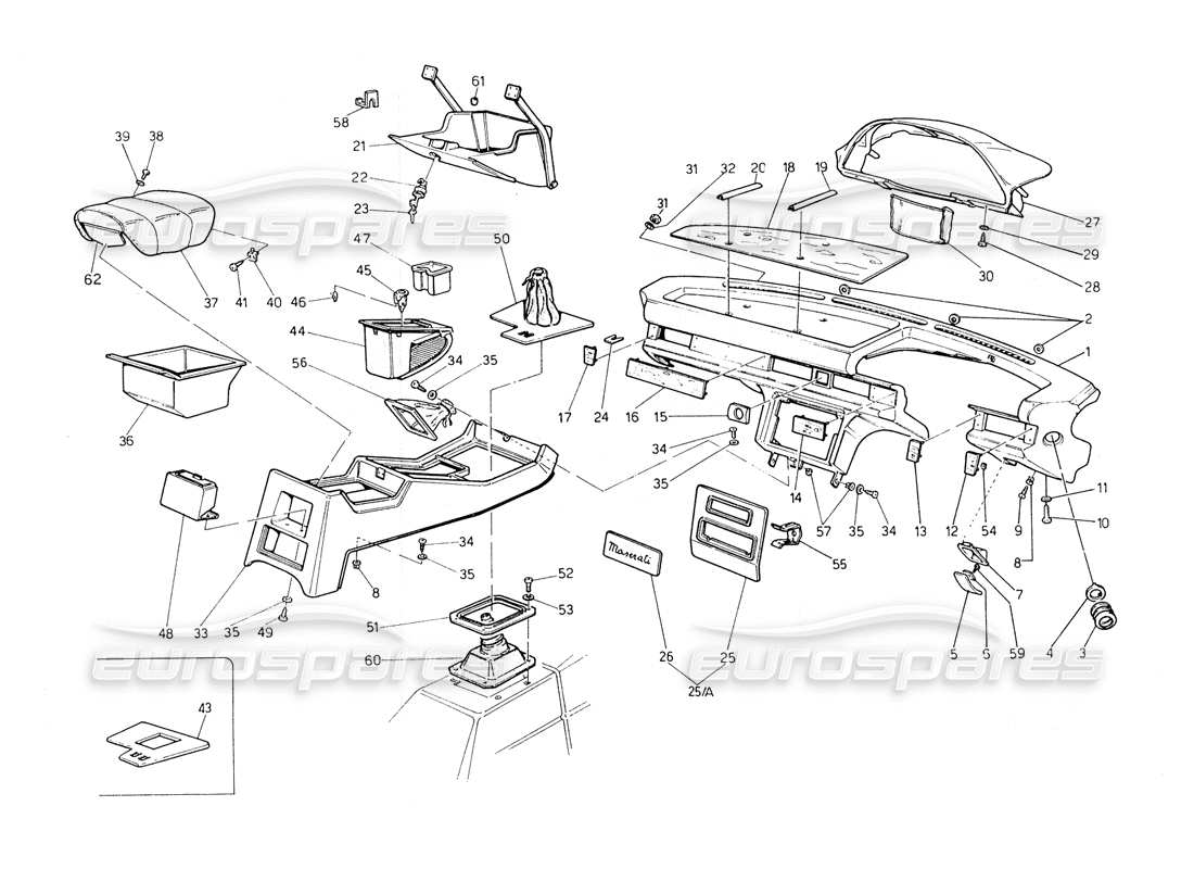 maserati biturbo spider instrument panel and console (rh steering) parts diagram