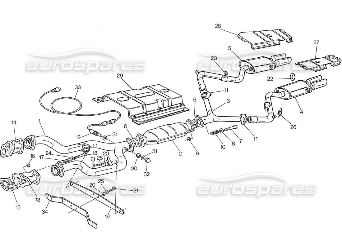 maserati 222 / 222e biturbo exhaust system with catalyst (3v) part diagram