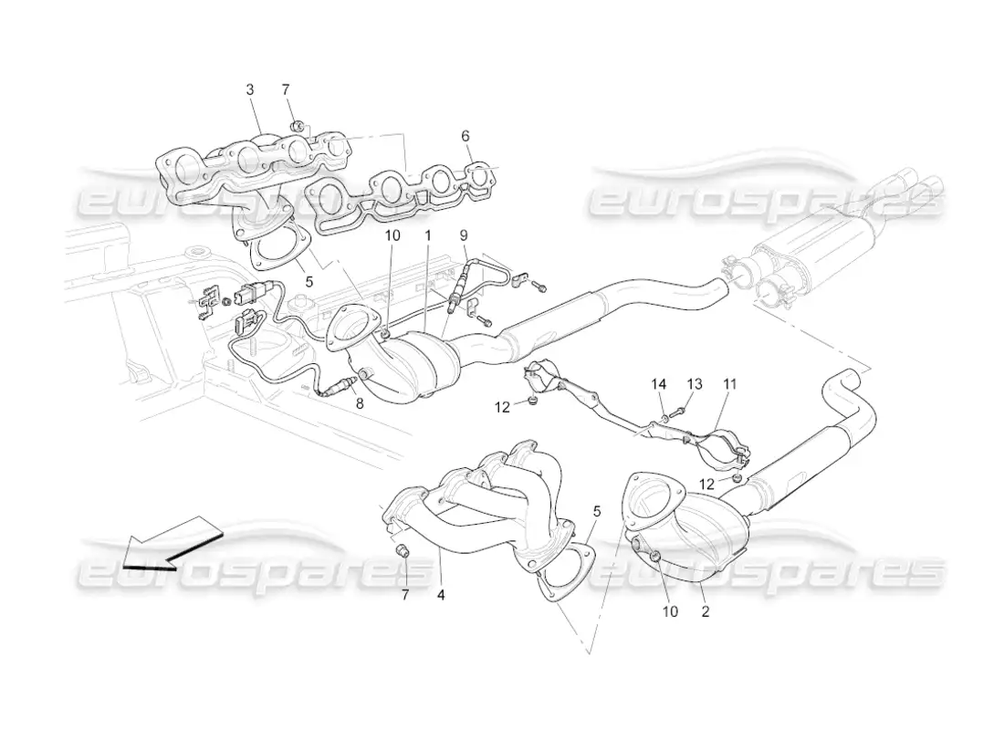 maserati grancabrio (2011) 4.7 pre-catalytic converters and catalytic converters parts diagram