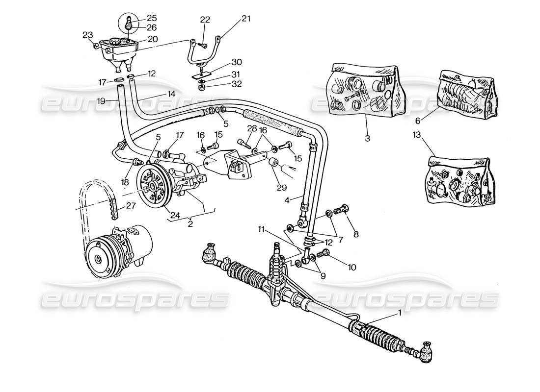 maserati 222 / 222e biturbo power steering system (rh steering) part diagram