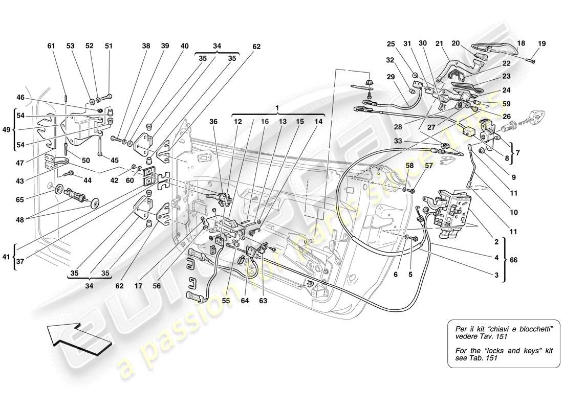 ferrari f430 spider (rhd) doors - opening mechanism and hinges parts diagram