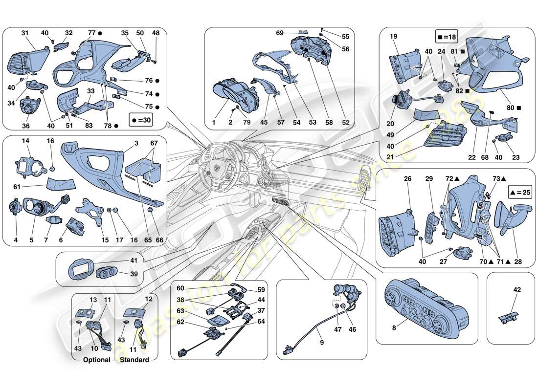 ferrari 458 spider (usa) dashboard and tunnel instruments part diagram