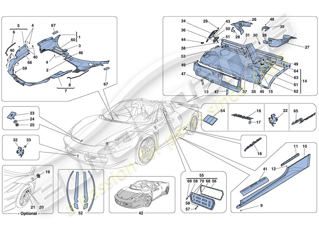 ferrari 458 spider (rhd) shields - external trim parts diagram