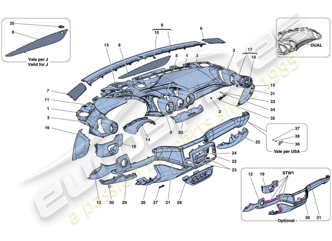 ferrari california t (europe) dashboard - trim parts diagram
