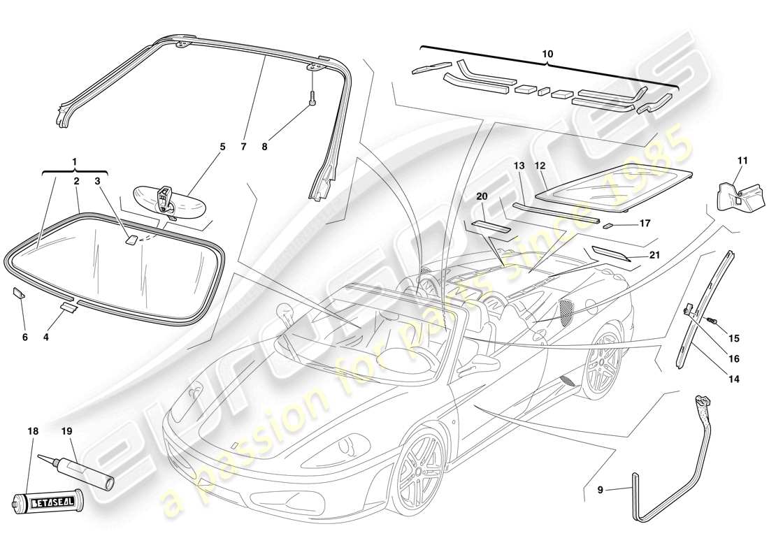 ferrari f430 spider (europe) screens, windows and seals part diagram