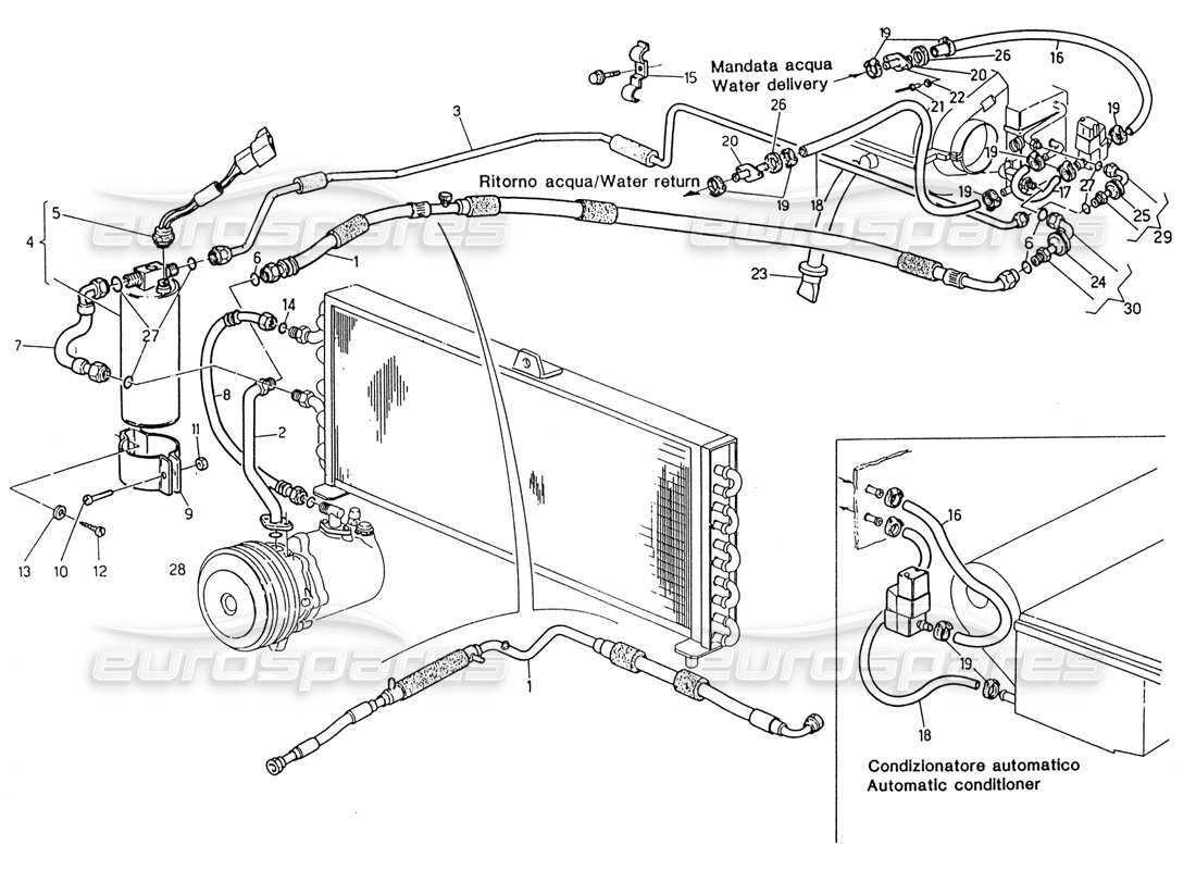 maserati 222 / 222e biturbo air conditioning system rh steering (after modif.) parts diagram