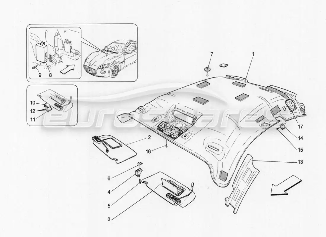 maserati granturismo special edition roof and sun visors parts diagram