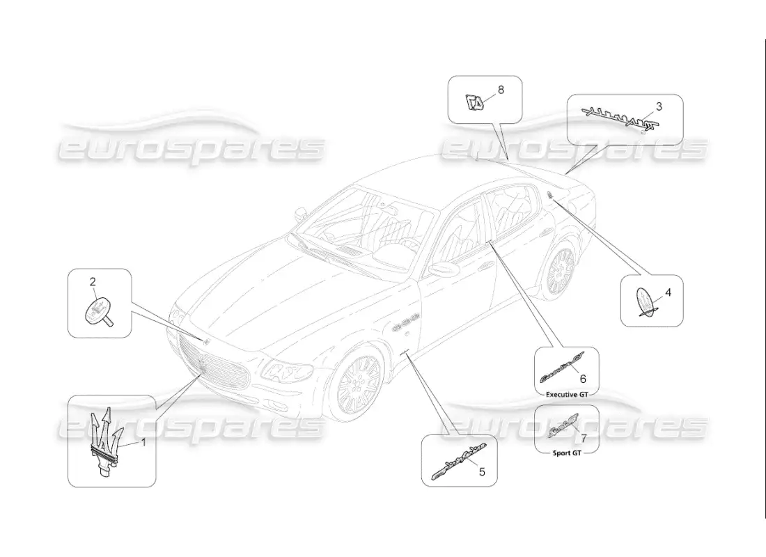 maserati qtp. (2007) 4.2 f1 trims, brands and symbols parts diagram