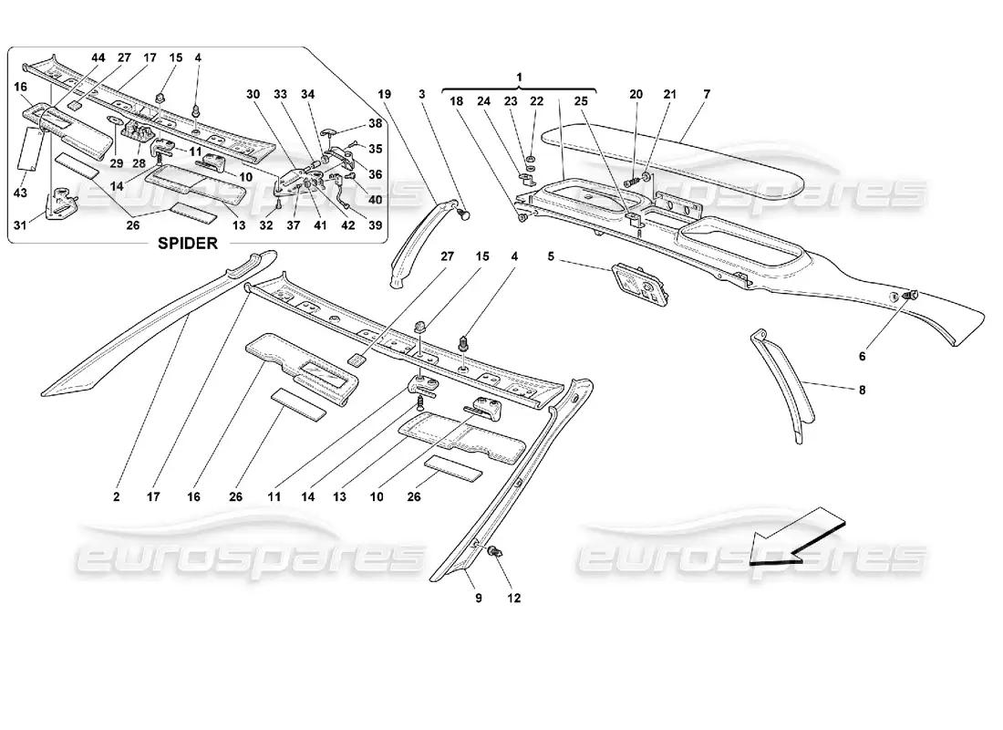 ferrari 355 (2.7 motronic) roof trims parts diagram