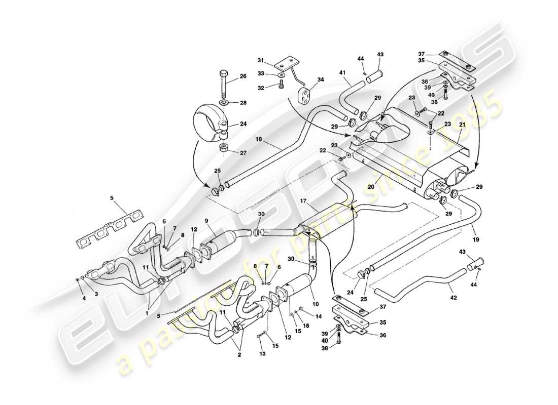 aston martin v8 coupe (1999) exhaust system part diagram