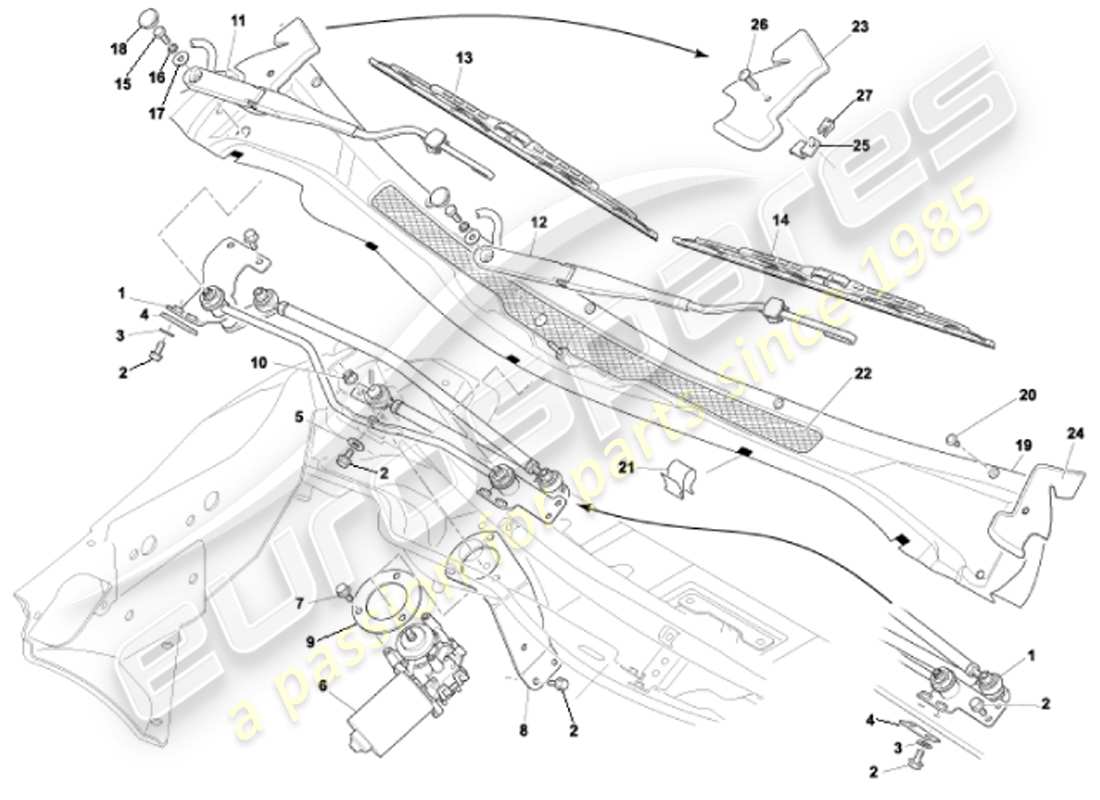 aston martin vanquish (2001) windscreen wipers parts diagram