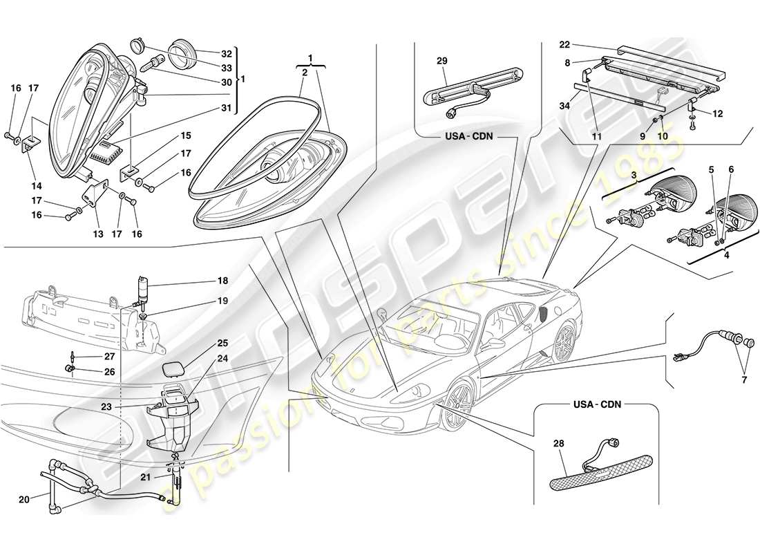 ferrari f430 coupe (rhd) headlights and taillights part diagram