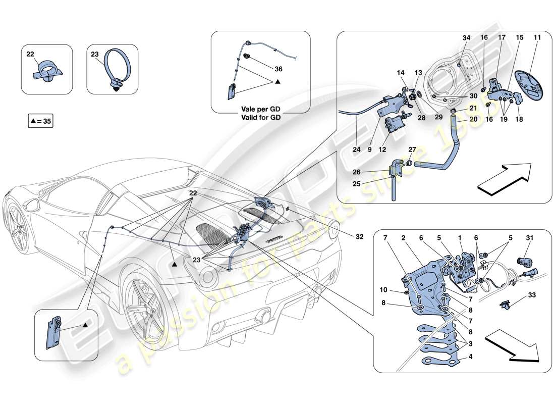 ferrari 458 speciale aperta (usa) engine compartment lid and fuel filler flap opening mechanisms part diagram
