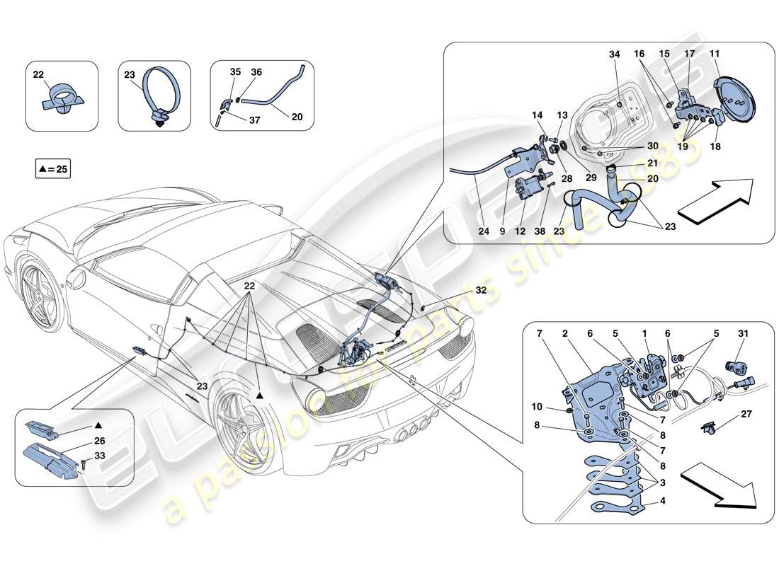 ferrari 458 spider (rhd) engine compartment lid and fuel filler flap opening mechanisms part diagram