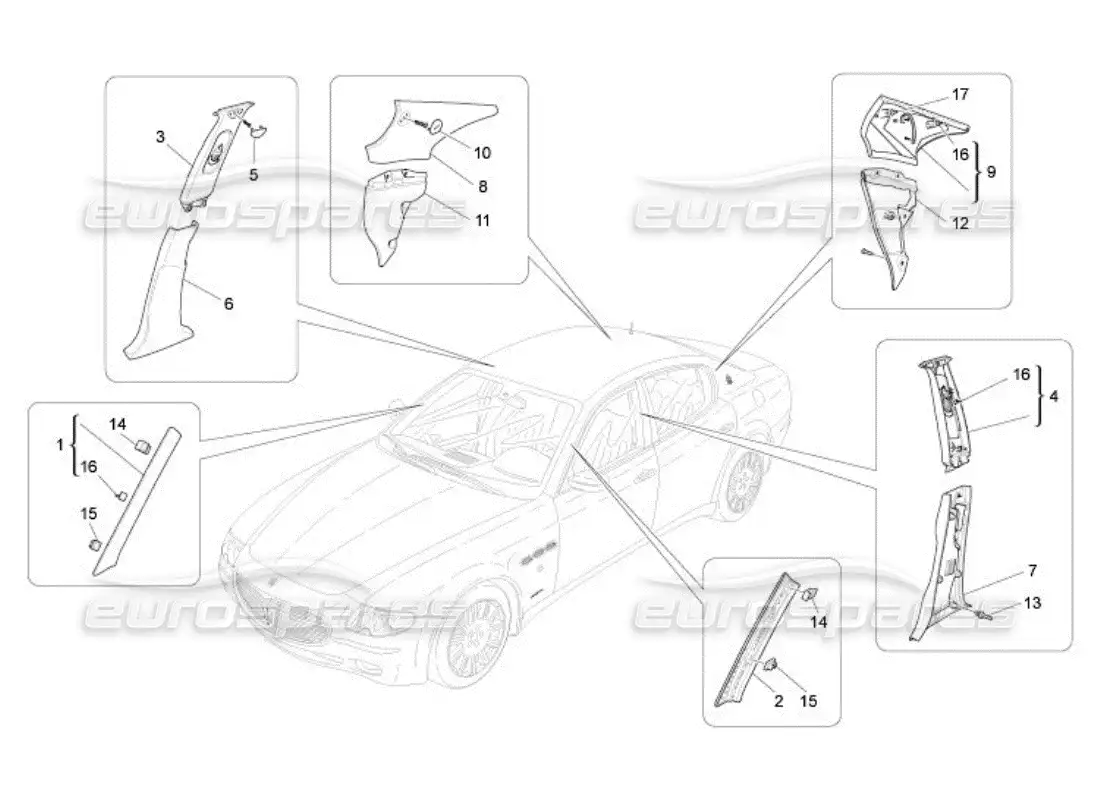 maserati qtp. (2005) 4.2 passenger compartment b pillar trim panels and side panels parts diagram