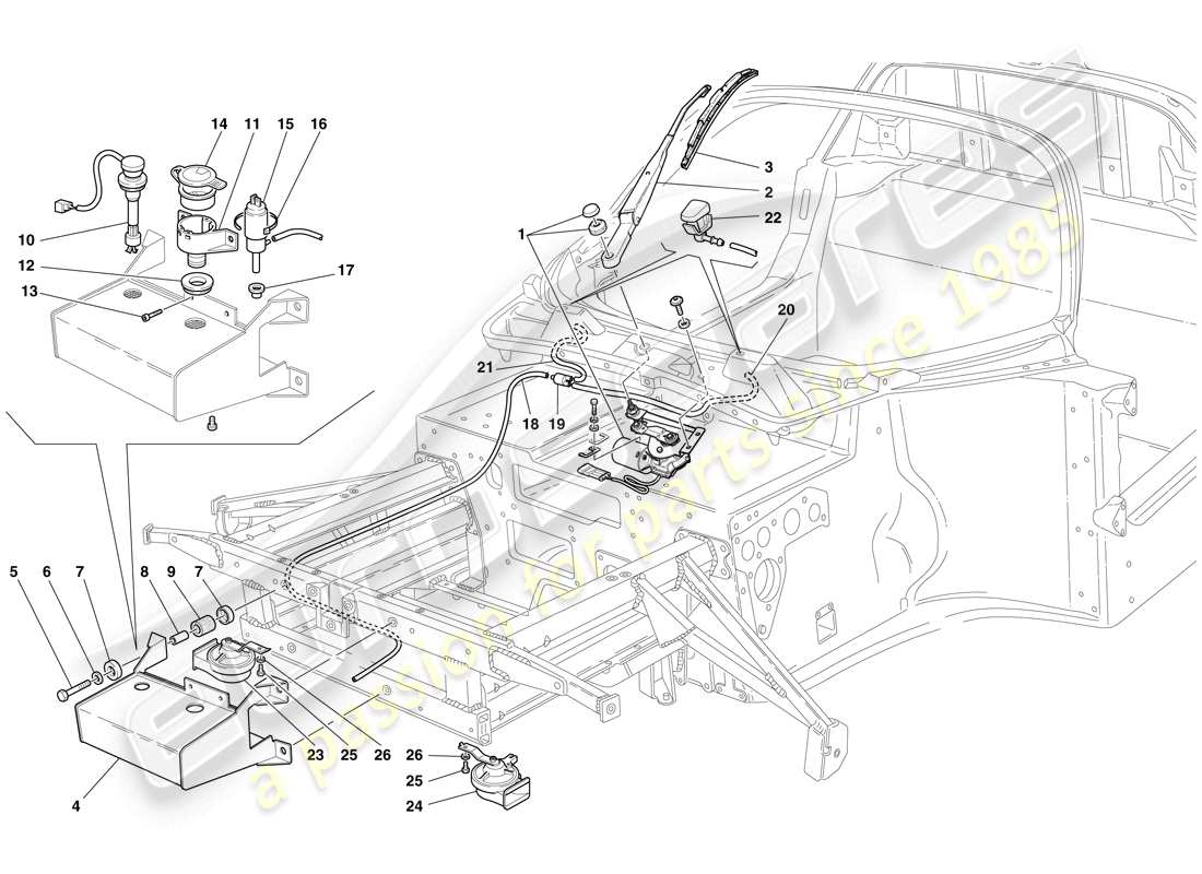 maserati mc12 windshield wiper, glass washer and horns parts diagram