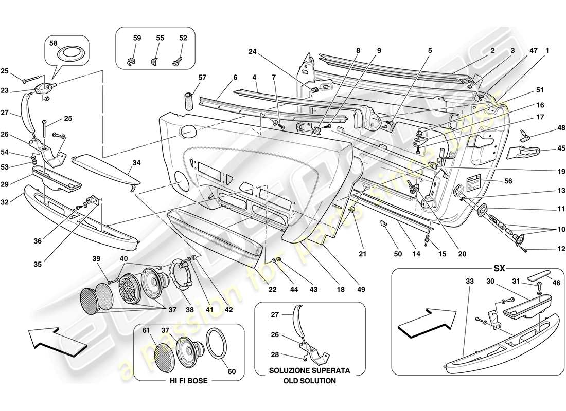 ferrari f430 coupe (rhd) doors - substructure and trim part diagram